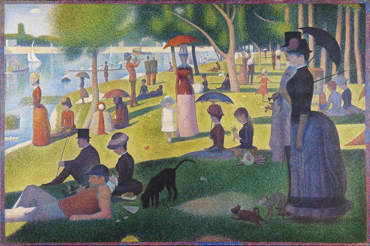 Seurat's pointillist painting showing figures in a park composed of small dots of pure colour